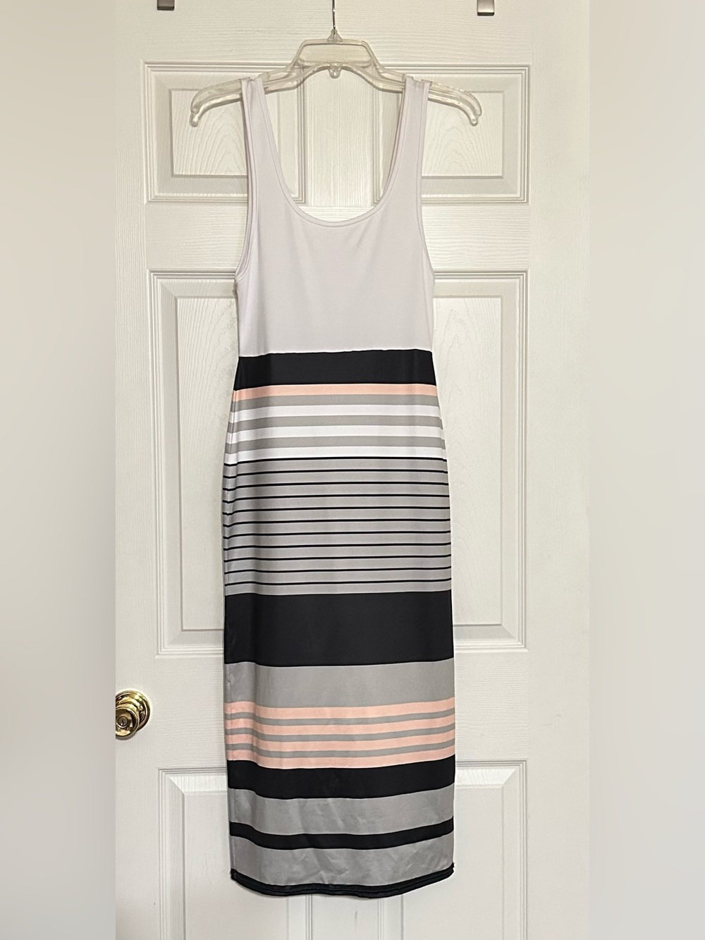 Striped Sleeveless Maxi Dress in White, Black & Blush